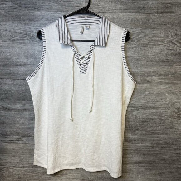 Cato‎ Womens Large Tank Stripped Collar V Neck White With Tie Beachy - Picture 1 of 6